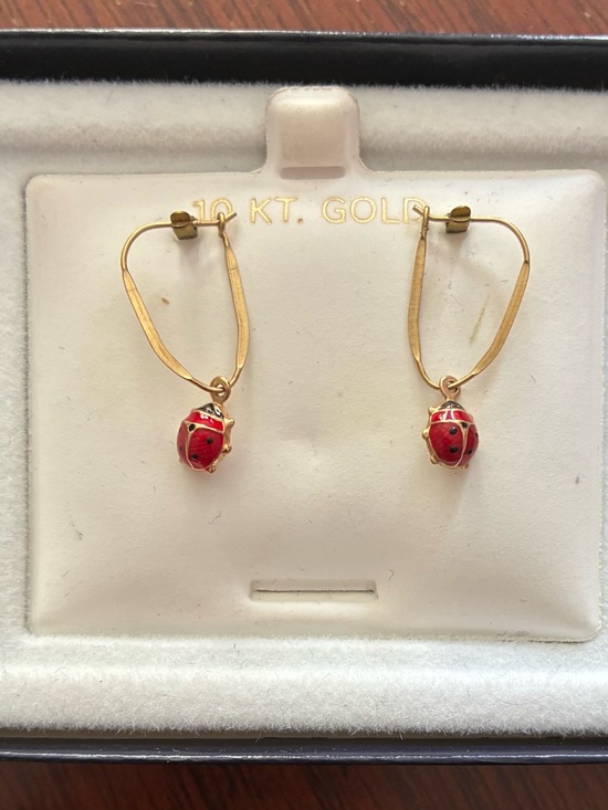 Jewelry - 10K stamped Gold Dangle Ladybug Earrings with Red Enamel 1” total drop
